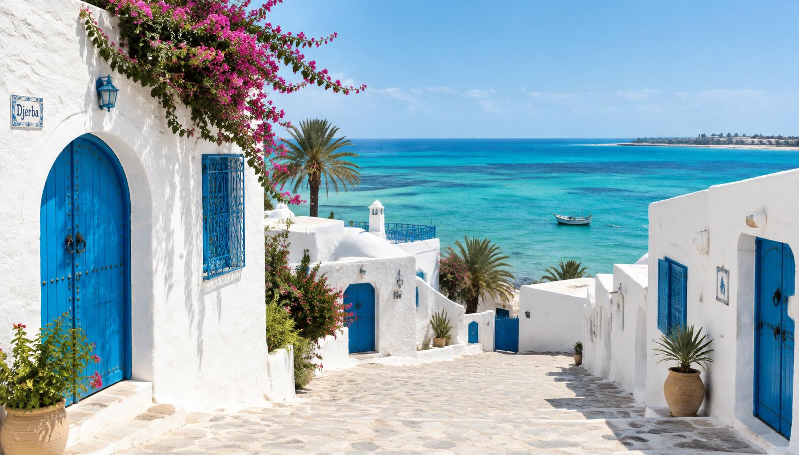 Ruelle blanche de Djerba face à la mer